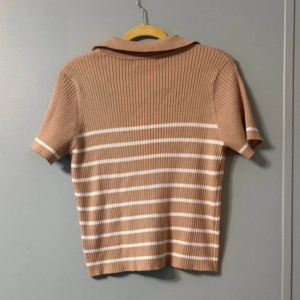 🖤Grace Karin Women's Button Down Tan and White Striped Light Cardigan🖤 - Picture 2 of 4